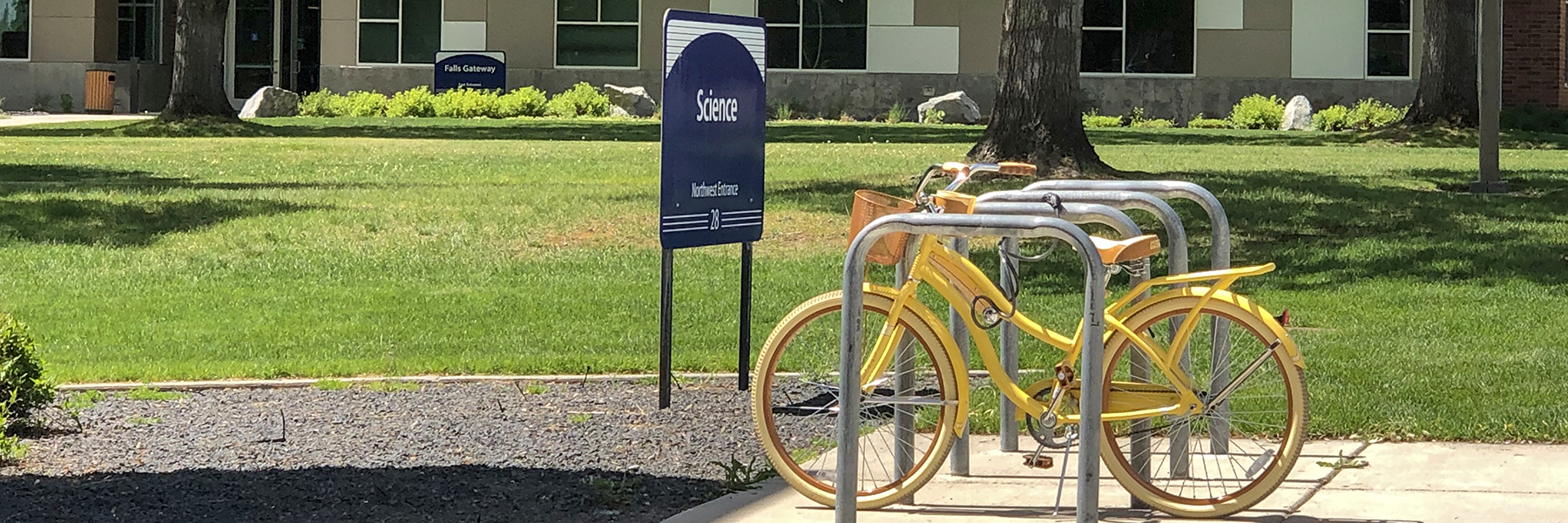 a yellow bycicle lockt to a bike rack on SFCC's campus