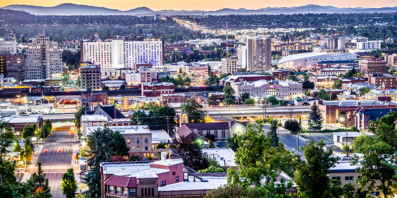 Downtown Spokane at dawn - aerial shot